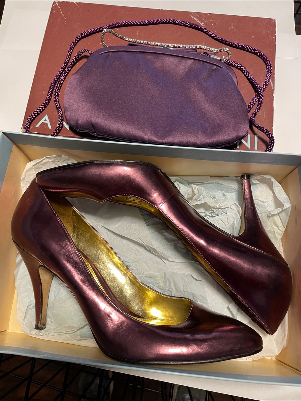Antonio Melani Metallic Plum High Heel Pumps & Kate Landry Evening Clutch